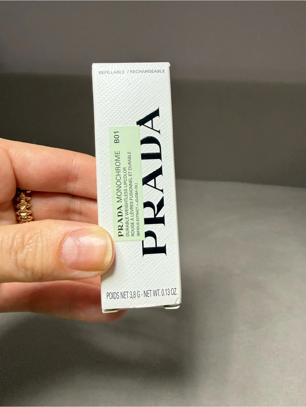 Prada Monochrome Lipstick B01 - Soft Mint Label